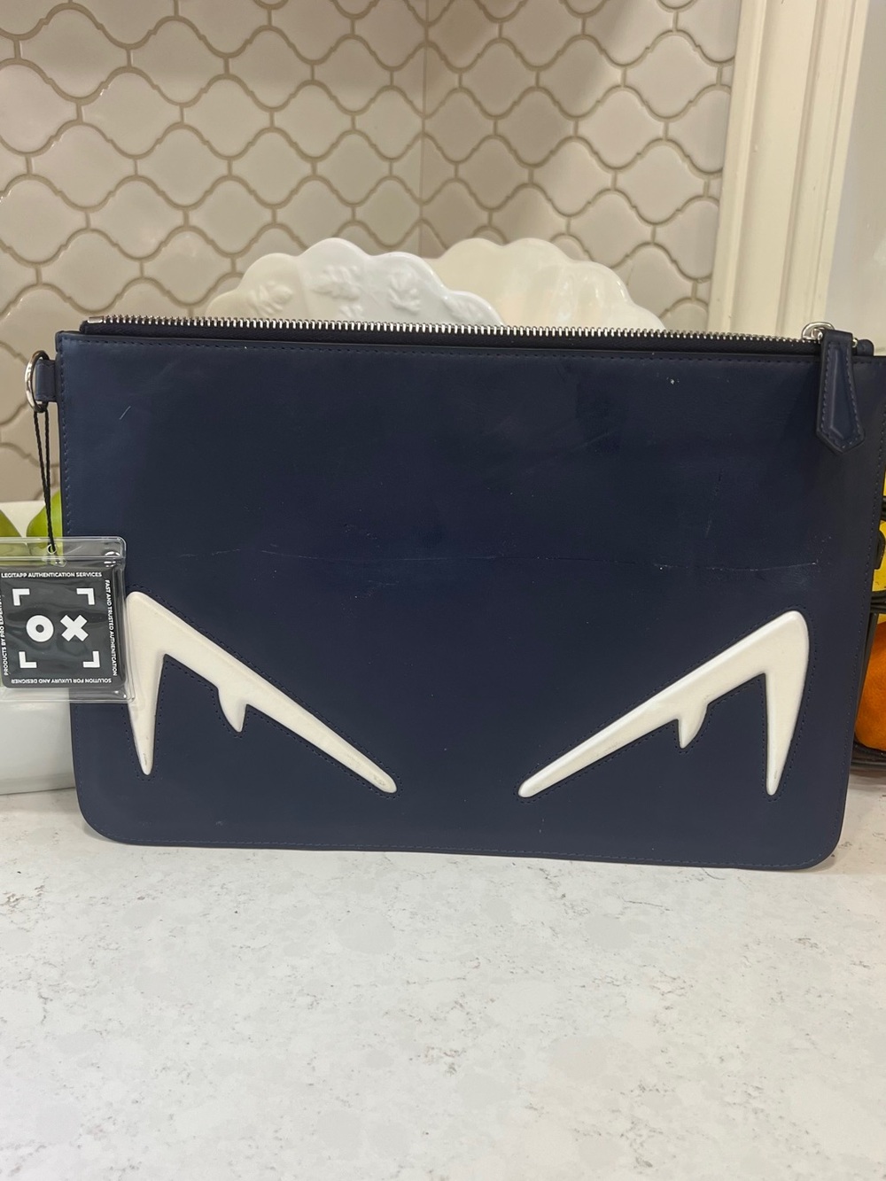 Rare Fendi Bag Bugs Blue Leather Zip Clutch Pouch Wrist Strap White Monster Eyes